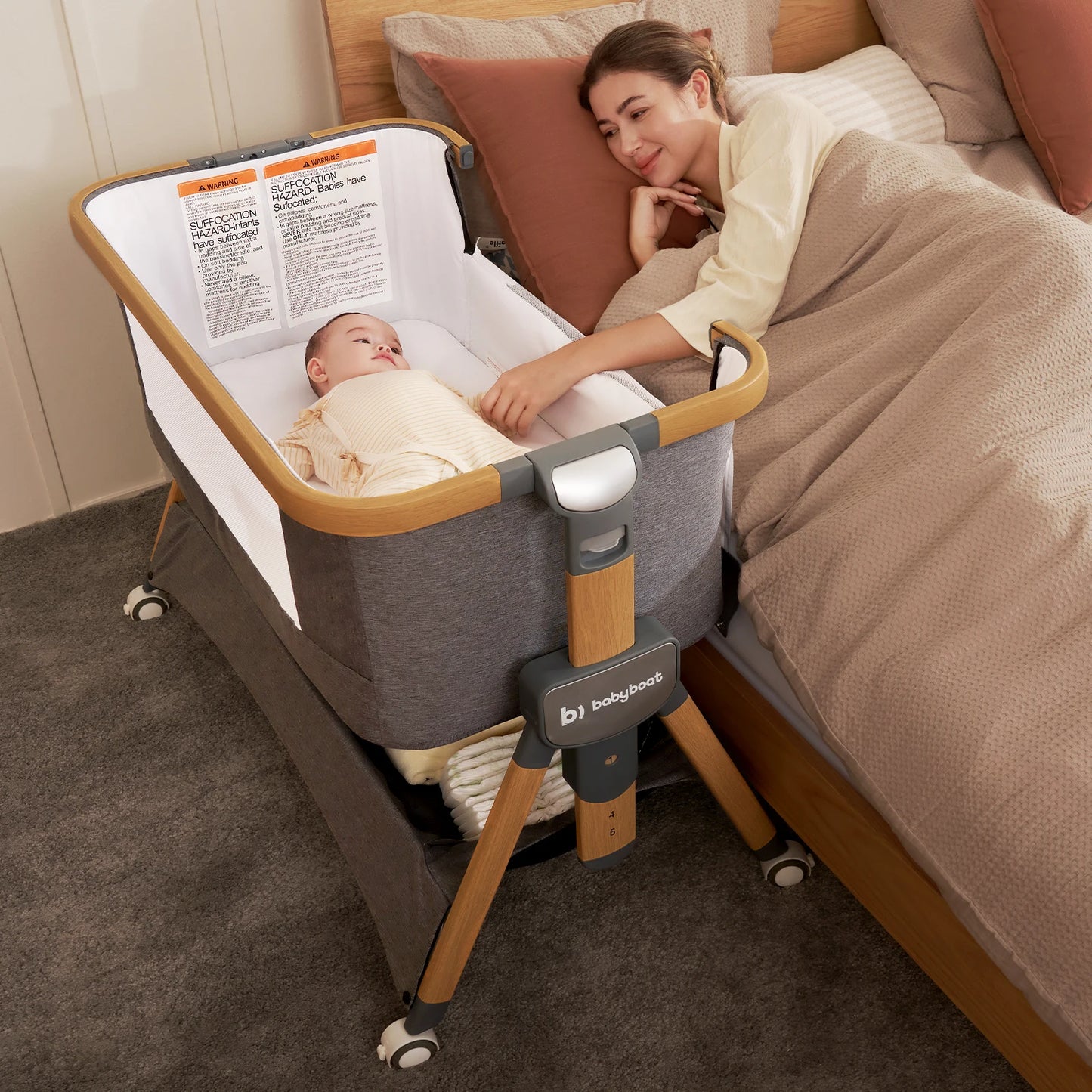 Cozy2 Baby Bedside Bassinet Sleeper Portable Travel Bassinet with Bigger Wheels 3 in 1 Bassinet Crib with Mattress, Storage Bask