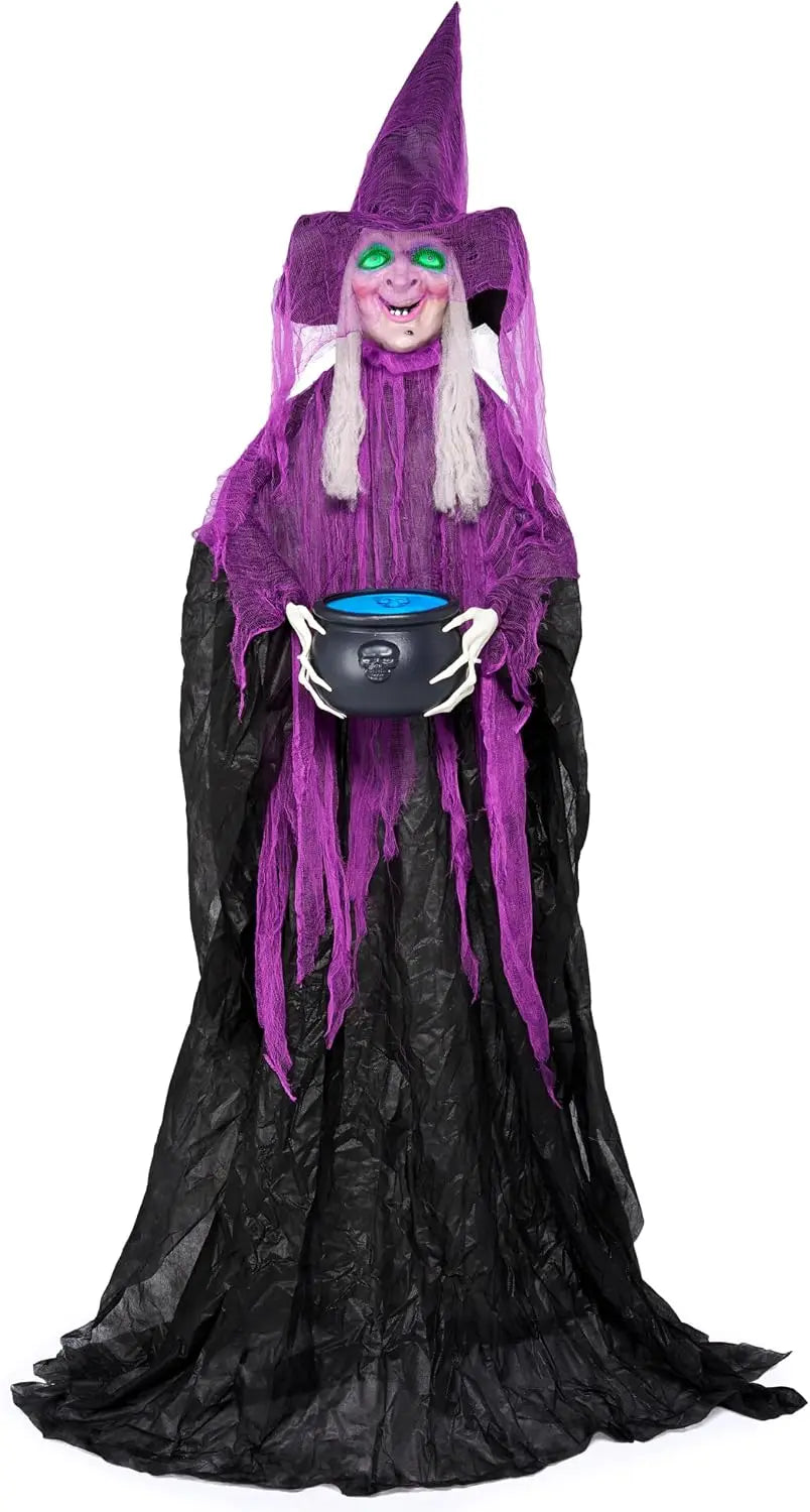 72” Halloween Decorations Standing Witch with Cauldron Scary Ghost Decor with Sound and Lights, Sound-Activated for Haunted House Yard Lawn Garden