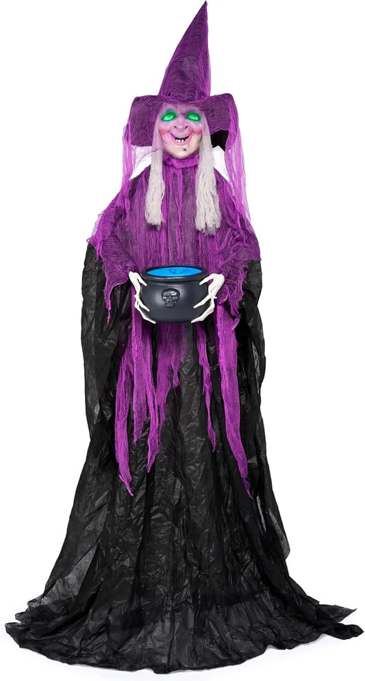 72” Halloween Decorations Standing Witch with Cauldron Scary Ghost Decor with Sound and Lights, Sound-Activated for Haunted House Yard Lawn Garden