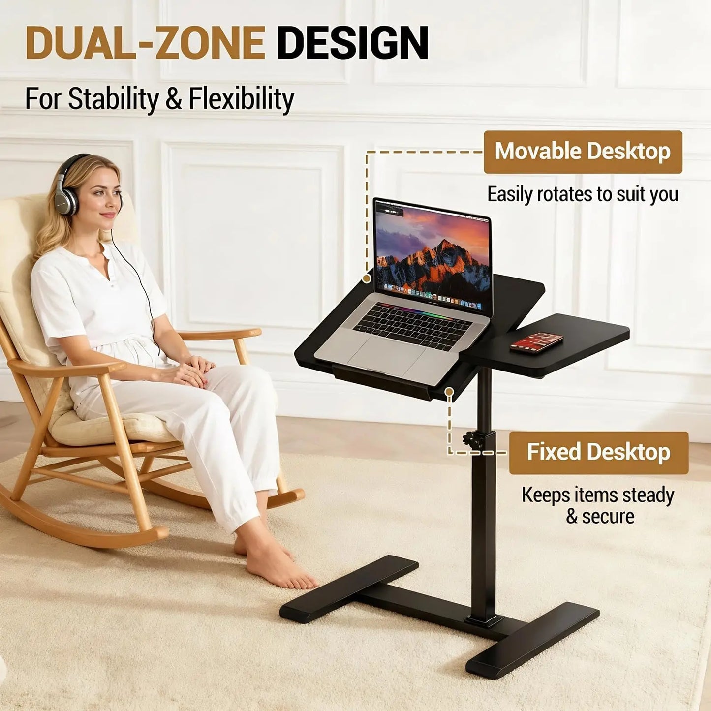 Overbed Bedside Table with Wheels, Tiltable Hospital Bed Table Over The Bed, Pneumatic Adjustable Rolling Laptop Desk