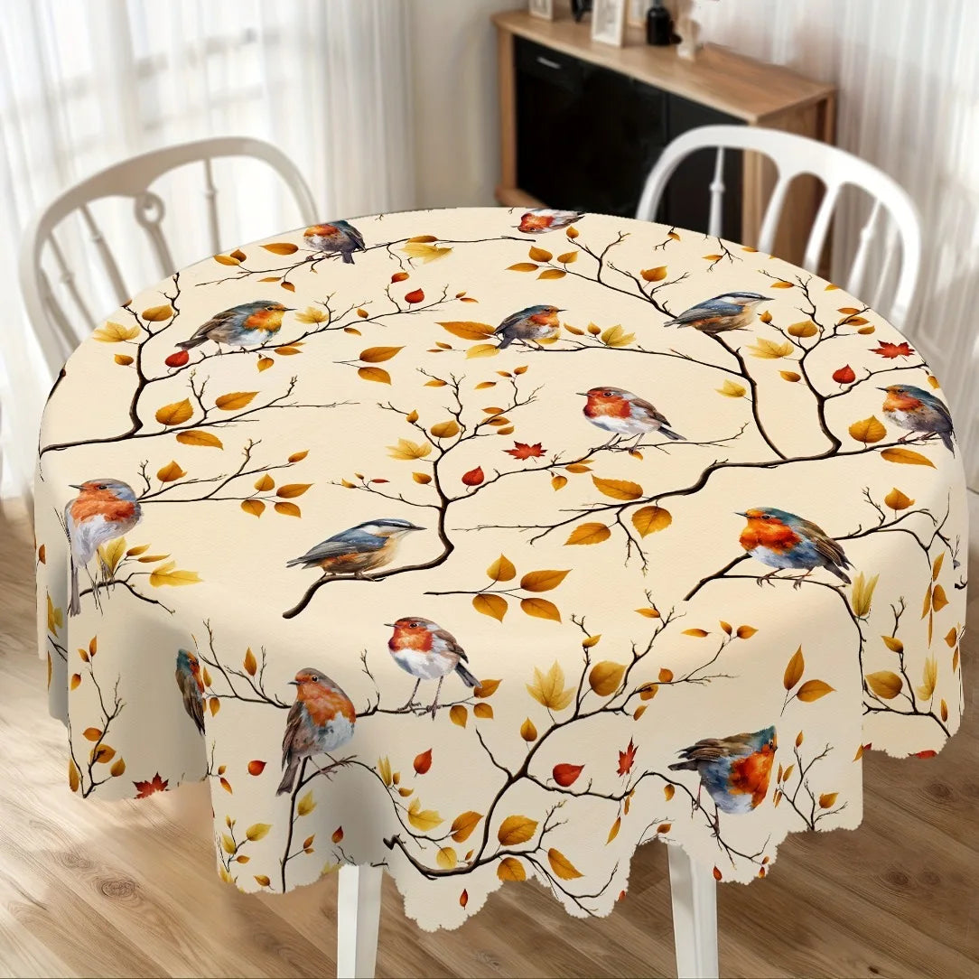 1pc Tablecloth, Autumnal Table, Design with Desolate Maple Leaves And Birds, Retro Country Casual Tablecloth, Autumn Decoration, Polyester Round Rectangular And Oval Tablecloths, Suitable for Indoor/Outdoor Parties, Festive A