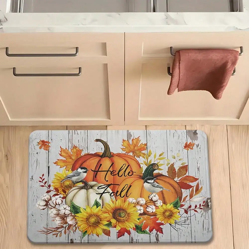 1pc "Hello Fall" Autumn Soft Flannel Non-Slip Floor Mat, Autumn Maple Leaf And Pumpkin Pattern Doormat, Suitable For Laundry Room Decor, Kitchen Mat, Washable