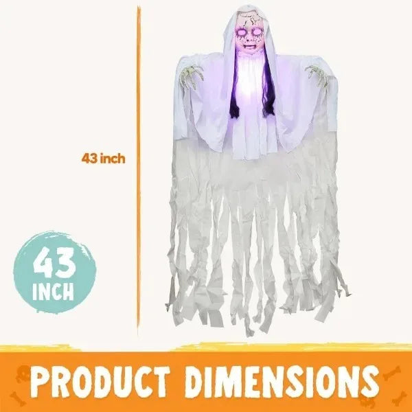 43" Outdoor Halloween Decoration, Scary Girl Hanging Ghost Decor Sound Activated with Light-up Head for Yard, Patio, Haunted House Lawn Garden