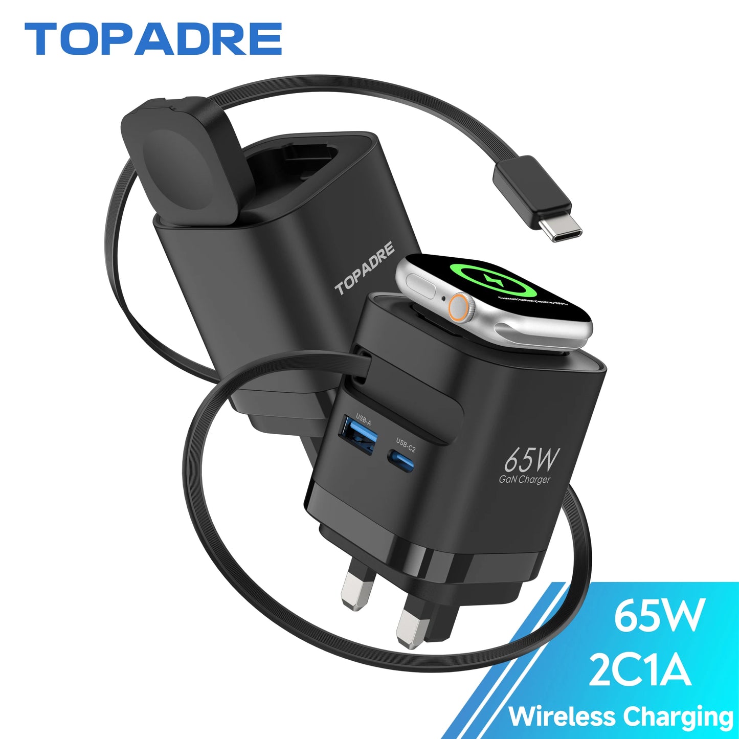 TOPADRE Retractable 65W For Apple Watch Wireless Charger, Rapid Charging for Macbook, for iPhone, iPad Smartphone, Foldable