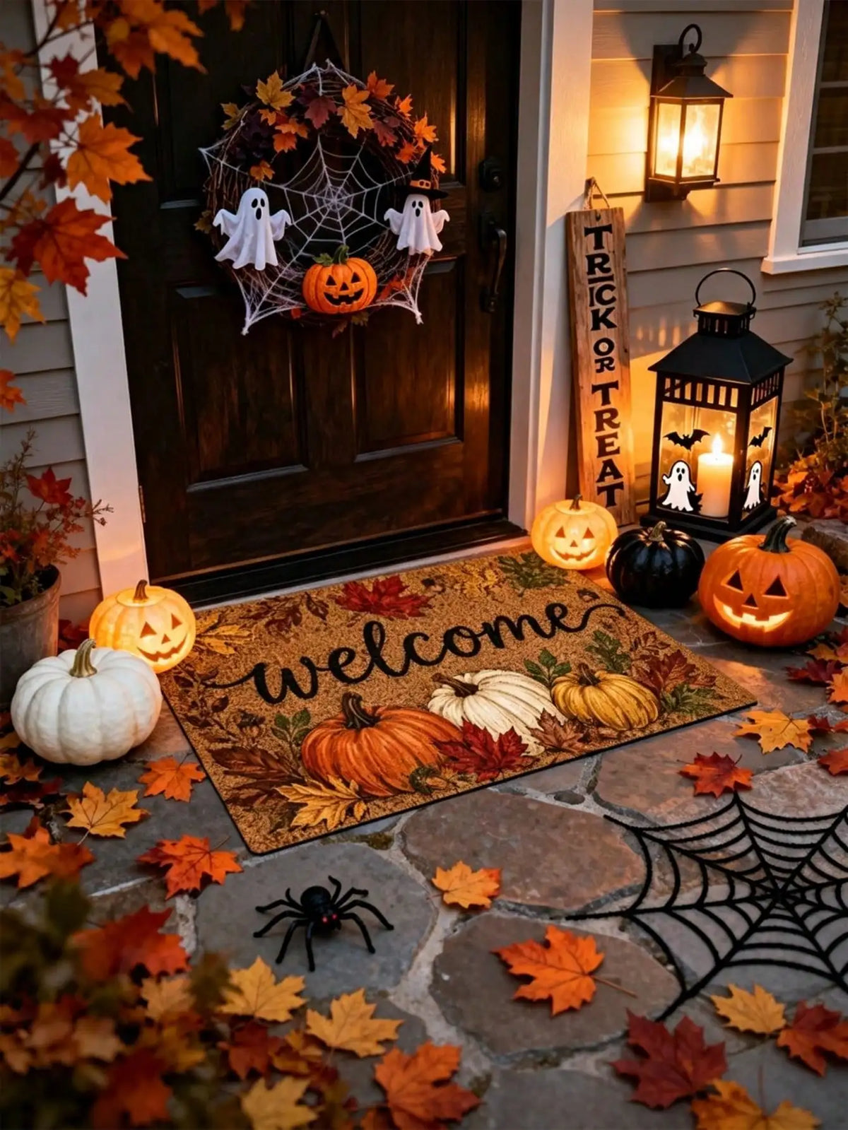 1pc Fall Pumpkin And Maple Leaf Welcome Pattern Rugs/Door Mat, Nonslip Comfortable, Easy To Clean, Ideal For Entryway Bedroom Living Room, Fall Decor, Halloween