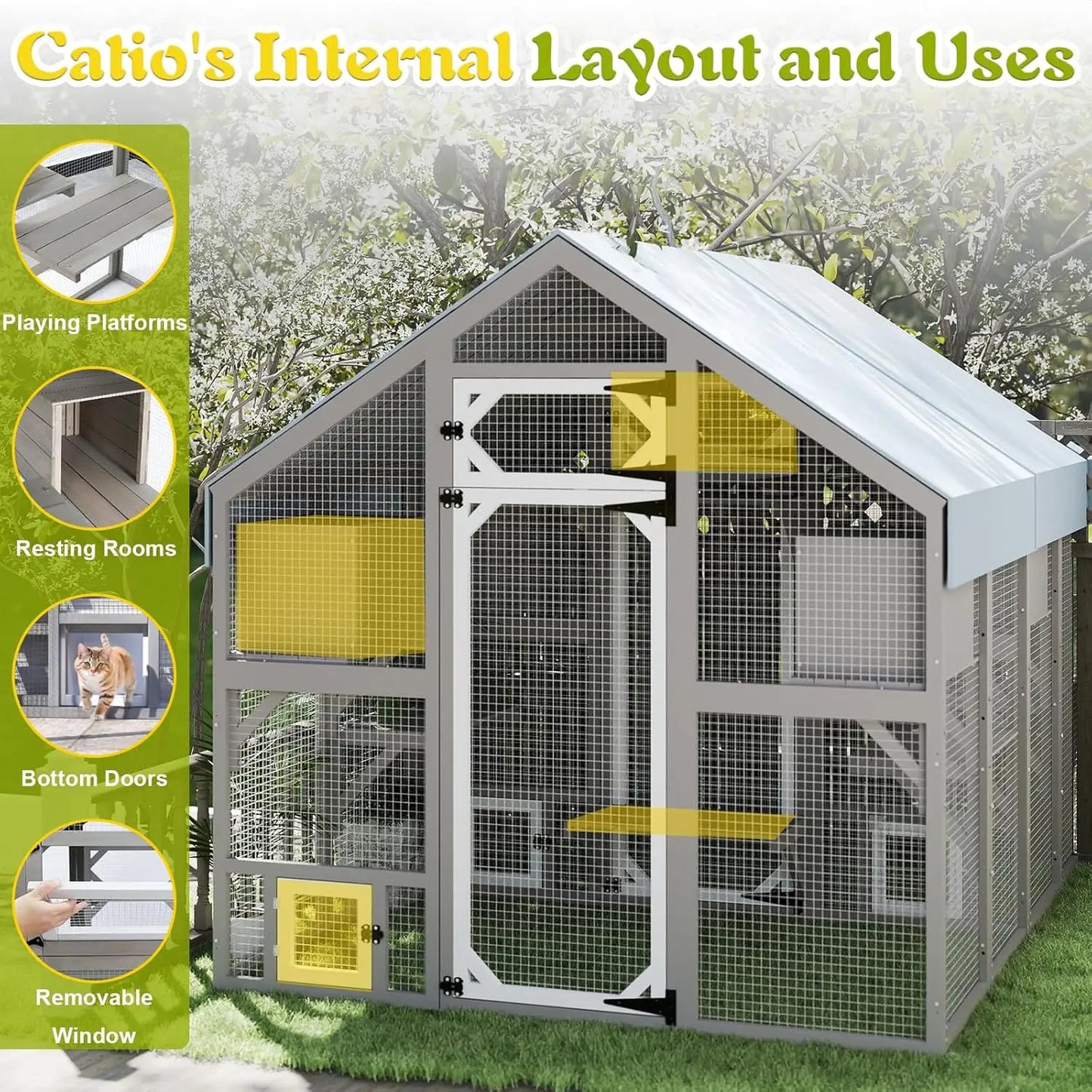 71" H Catio Outdoor Cat Enclosure for Multiple Cats Large Wooden Walk in Cats House Outside Weatherproof Roof,Attached to