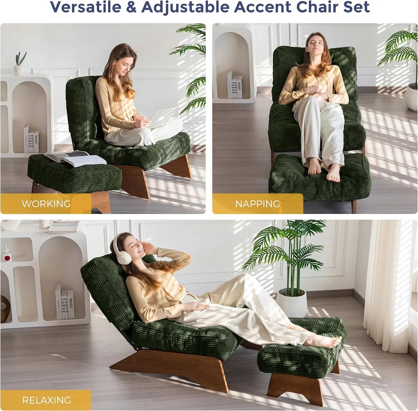 MAXYOYO Accent Chair with Ottoman Adjustable Backrest, Tufted Living Room Chair Upholstered Lounge Chair with Footrest Set, Mode