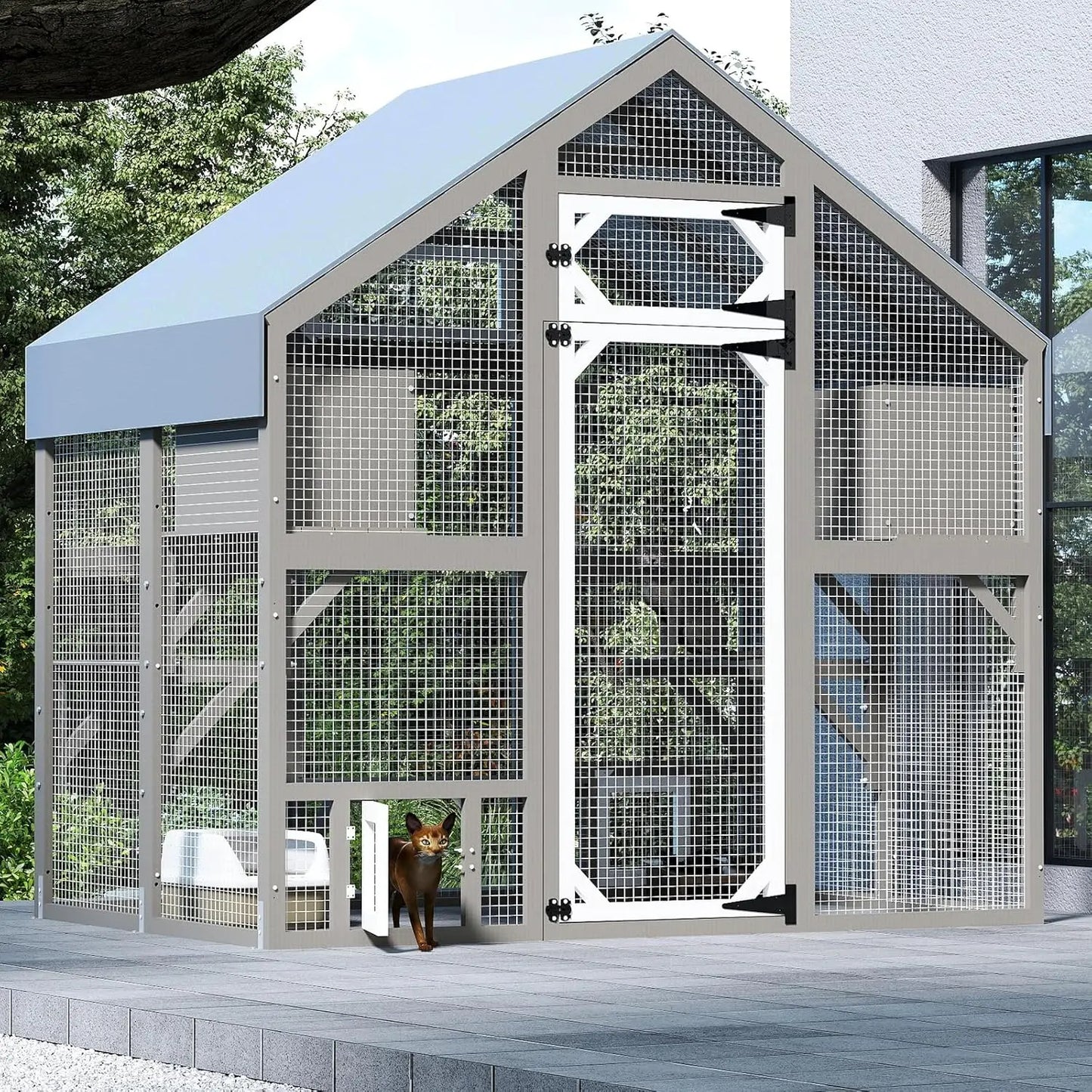 71" H Catio Outdoor Cat Enclosure for Multiple Cats Large Wooden Walk in Cats House Outside Weatherproof Roof,Attached to