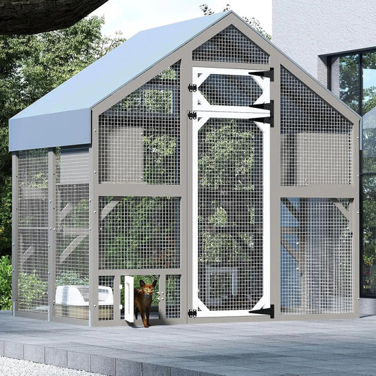 71" H Catio Outdoor Cat Enclosure for Multiple Cats Large Wooden Walk in Cats House Outside Weatherproof Roof,Attached to
