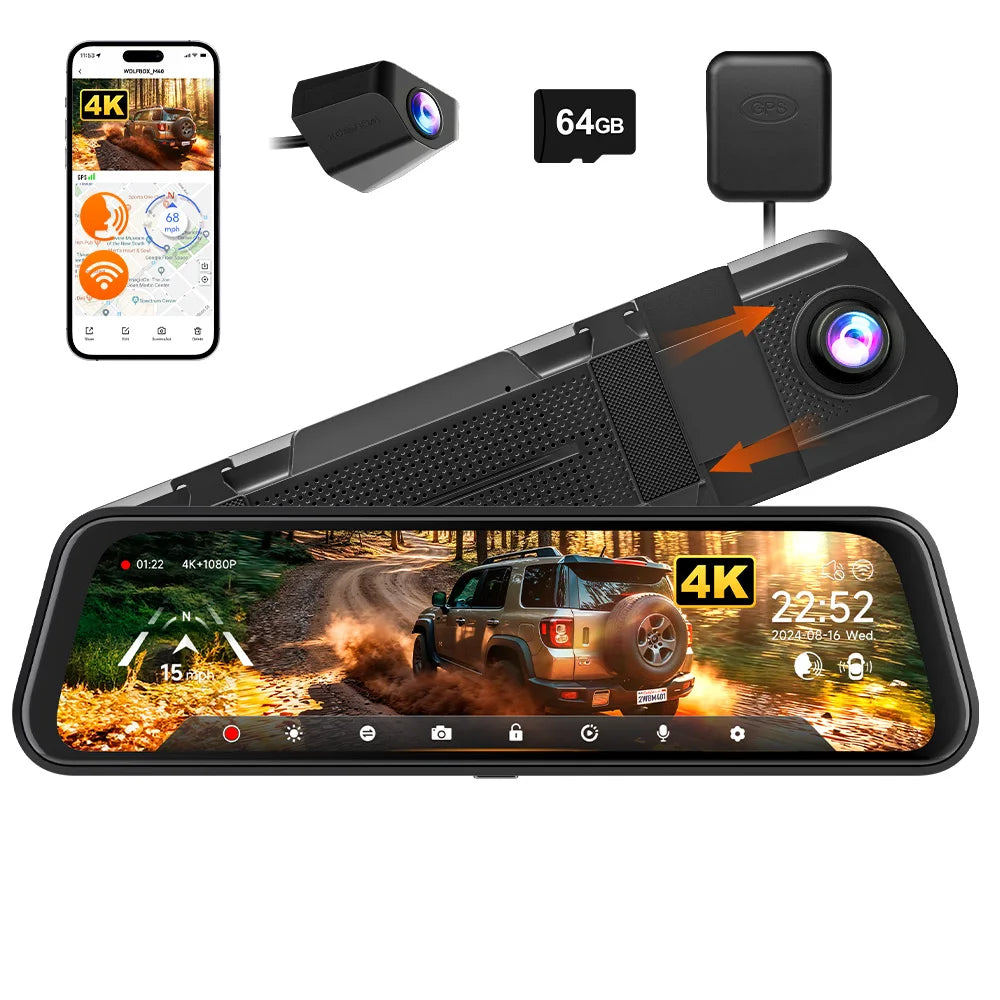 WOLFBOX M40 Dash Cam 4K+1080P With Voice Control ADAS Built in 5GHZ WI-FI and GPS Video Recorder Front and Rear Dash Camera