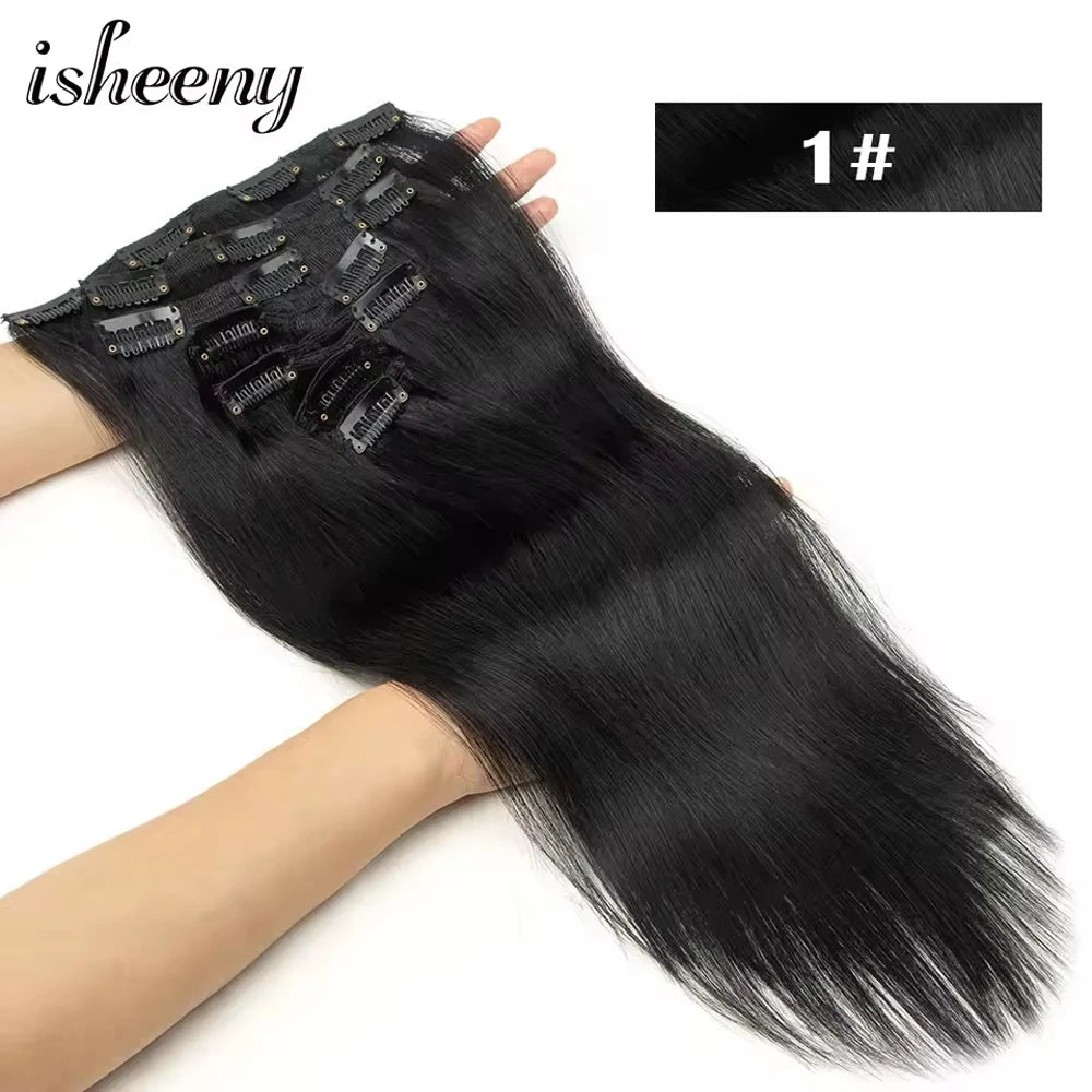 Clip In 100 % Human Hair Extensions Natural Straight 12-24 inches Clip Hair Extension Human Hairpiece 100-120g 7pcs/set isheeny