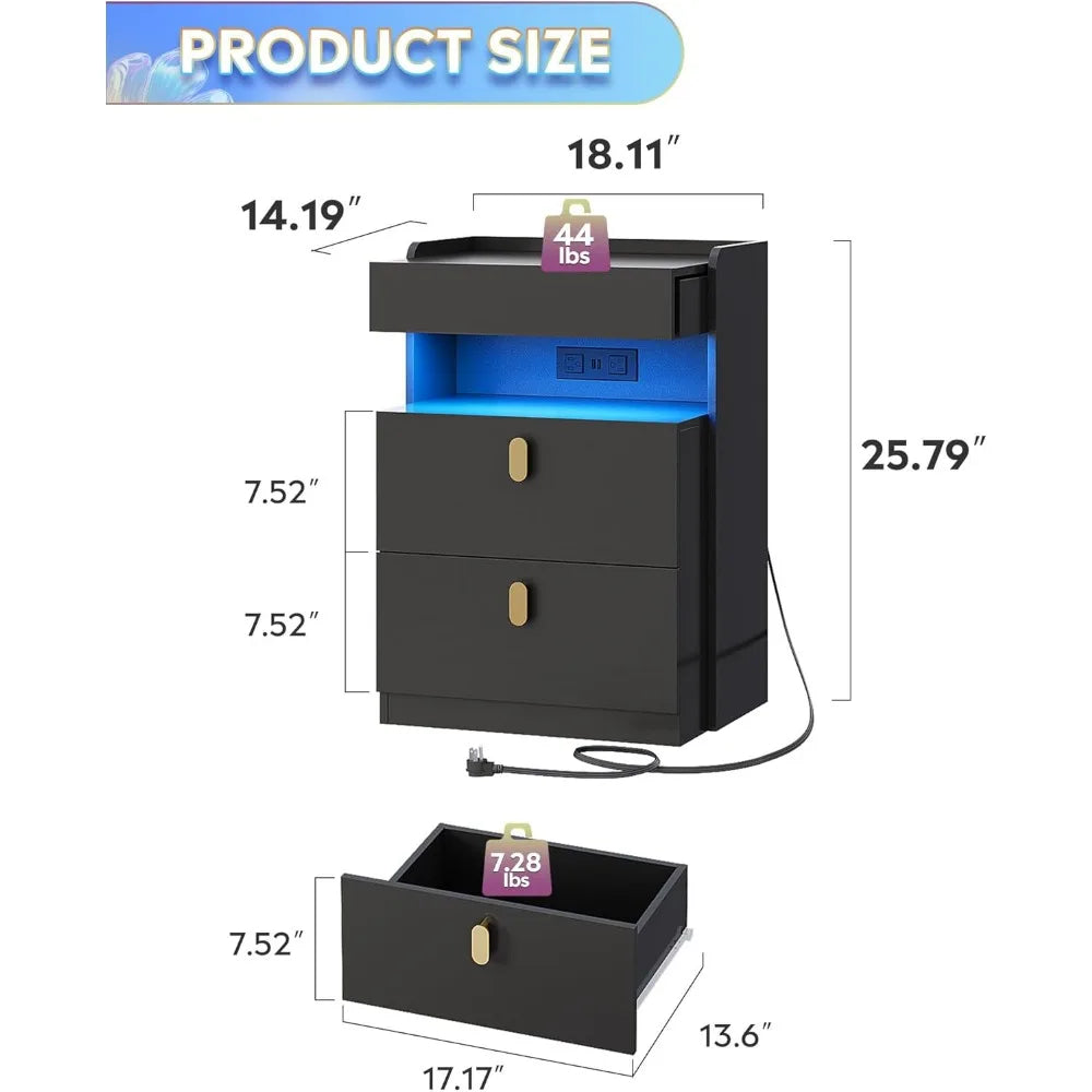 LED Bedside Table, 2-piece Set, with Charging Station, Bedside Table with Sliding Top, Bedside Table with Drawers, Coffee Table
