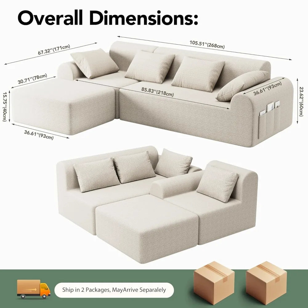 stockout！！Cloud Boneless Sectional Sofa for Living Room, 4-Seater L-Shaped Comfy Couch with Ottoman, 4 Pillows, Deep, Customized