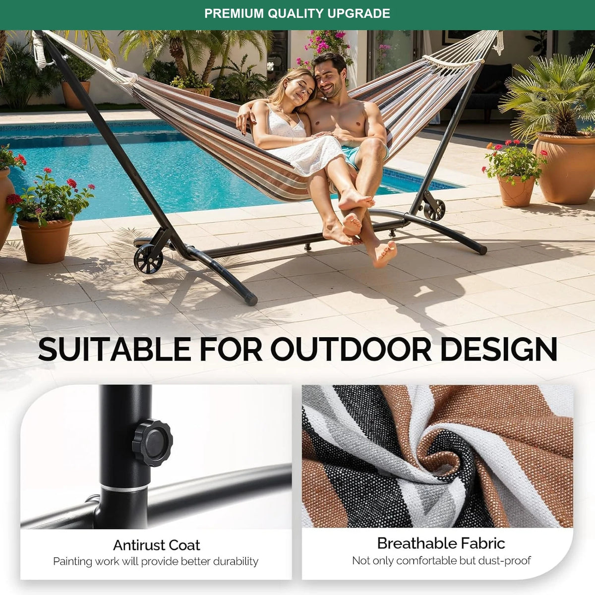 Double Hammock with Spreader Bar and Steel Stand, 2 Person Portable Brazilian Hammock Set for Outdoor Patio Backyard Camping, 55