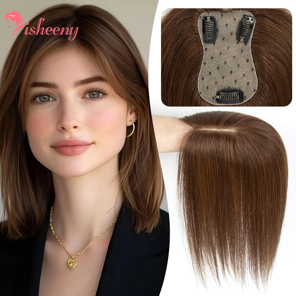 Human Hair Topper With Side Bangs For Women With Clips Straight Hair Toupee 7x11cm Elegant Style Clips In Topper Realistic Scalp