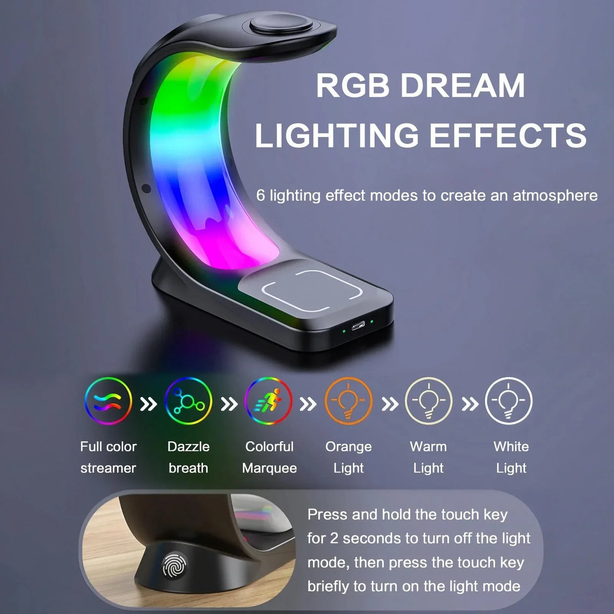 15W Fast Wireless Charger 3-in-1 Magnetic Stand 6-Color RGB Light Multi-Device Charging Station for Apple Devices iPhone AirPods Apple Watch Home Office Desk Bedside Table Organizer Gift Box Packing Travel Foldable