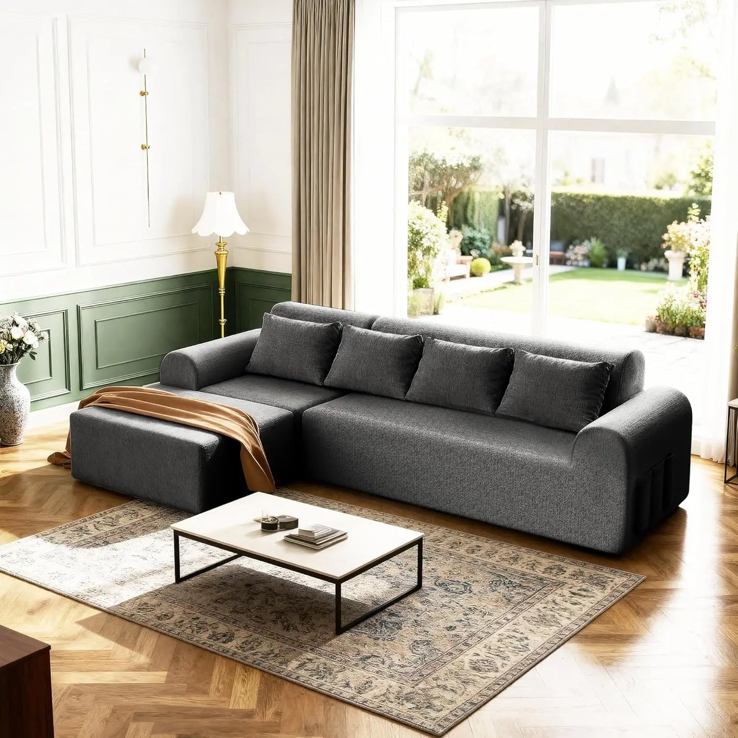 stockout！！Cloud Boneless Sectional Sofa for Living Room, 4-Seater L-Shaped Comfy Couch with Ottoman, 4 Pillows, Deep, Customized