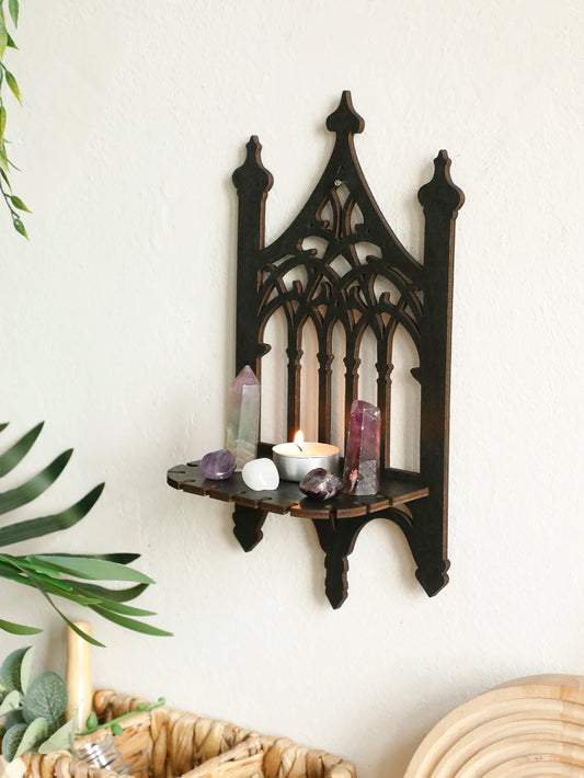 Black Gothic Wooden Shelf Wall Decor Hollow Vintage Fence Shape Wall Hanging Decor Floating Shelves Crystal Holder Room Decor