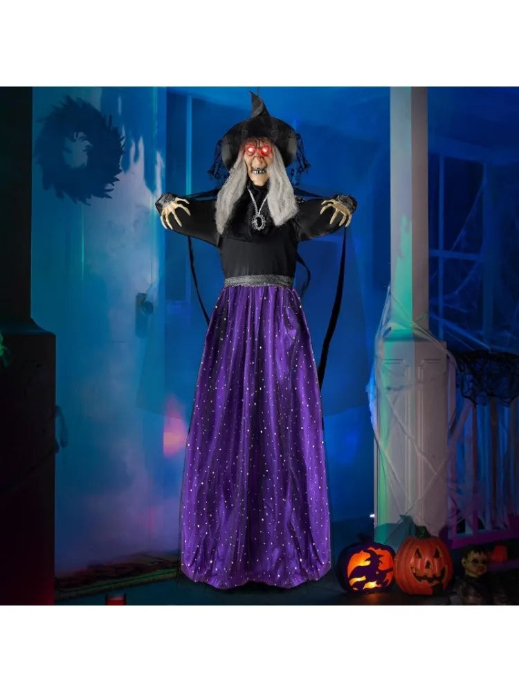 47'' Animated Witch Halloween Decorations Outdoor Indoor Scary Halloween Animatronics Decor, Hanging Ghost Talking Sound Activated Led Lights Eyes Haunted House Yard Garden Lawn