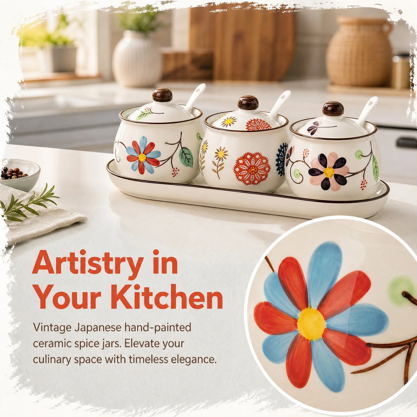 3-Piece Ceramic Spice Jar Set with Tray, Hand-Painted Japanese Vintage Seasoning Jars, Large Capacity 330ml Kitchen Storage Containers with Spoons, Non-Slip Base