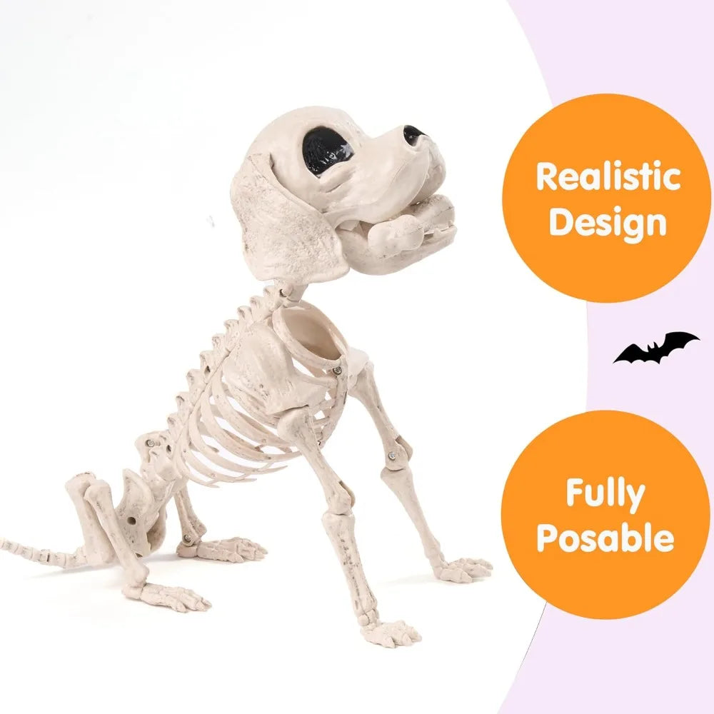 Posable Halloween Dog Skeleton Full Body Posable Joints Realistic Skeleton Puppy with Movable Joints for Halloween Decoration, Graveyard Party Decor (9.8inch X 4.7inch X 12.6inch)