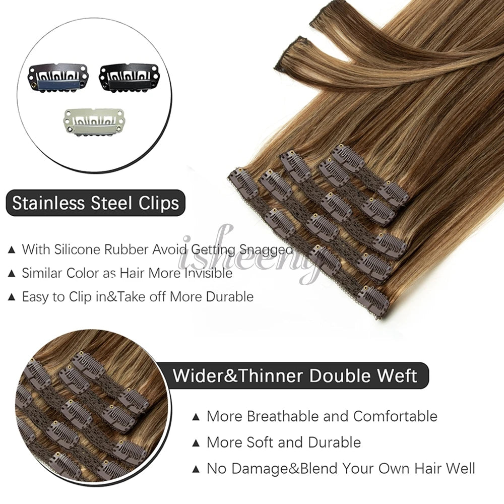 7pcs/set Clip in Human Hair Extensions 12-24 inches 100g-120g Natural Straight Clip-in Full Head Hair Easy to Install at Home