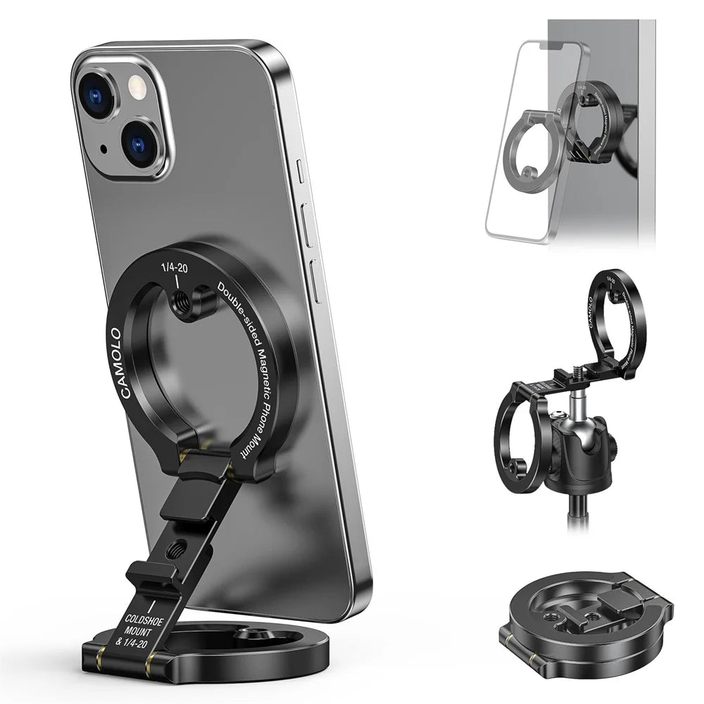 CAMOLO Dual Magnetic Phone Holder For Travel Gym Magsafe Phone Stand for iPhone Android with 1/4" Screw Tripod Mount for Tropod