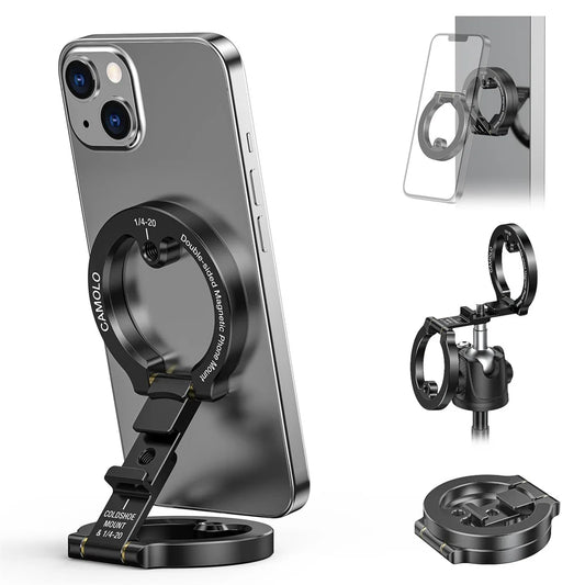 CAMOLO Dual Magnetic Phone Holder For Travel Gym Magsafe Phone Stand for iPhone Android with 1/4" Screw Tripod Mount for Tropod