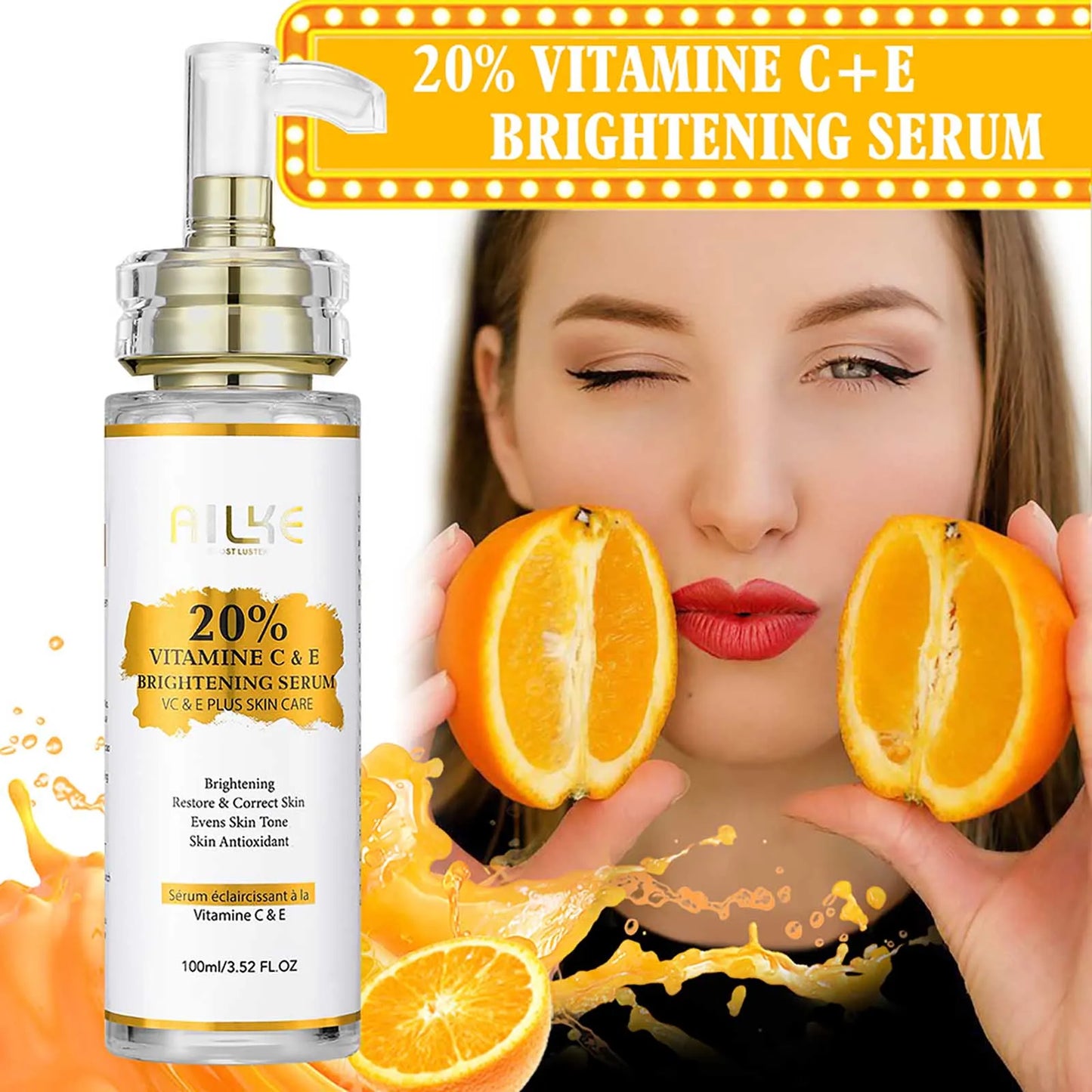 AILKE Vitamin C & E Super Brightening Concentrated Serum, Whitening, Moisturizing, Clean Skin, Reduce Dark Spots, 100ml/3.52 oz