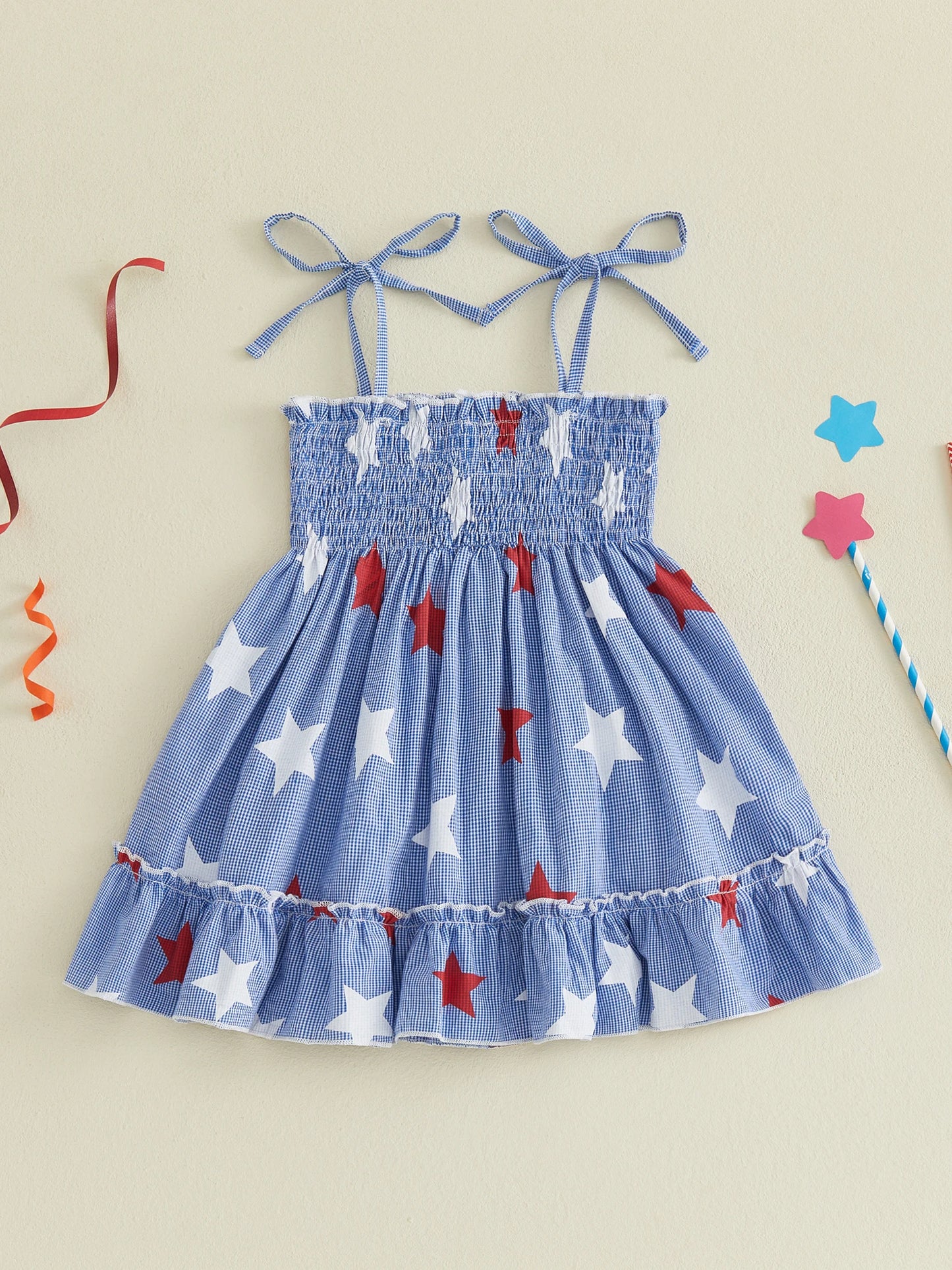 Girls Fourth of July Sleeveless Dress with Star and Stripe Print Bow Detail A-Line Silhouette Smocked Bodice Patriotic