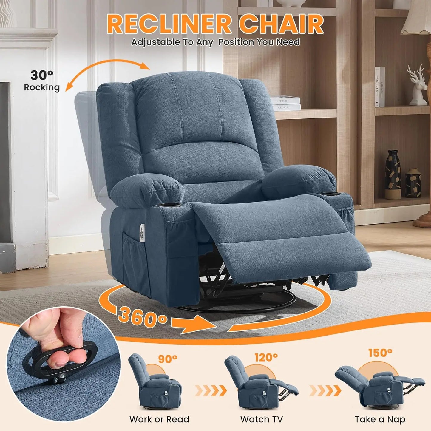 Oversized 360° Swivel Rocking Recliner Chair with Massage & Heat, Big Seat for Adults Living Room, Custom
