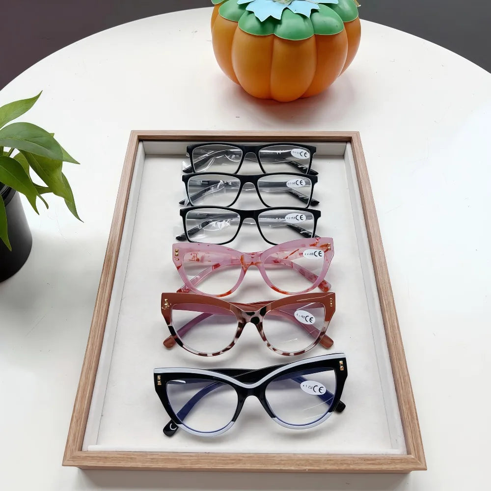 6pcs Elegant Cat-Eye Reading Glasses with Metal Hinge - Minimalist Color Block Design, 1, 0 to 4, 0 Magnification, Fashionable Presbyopia Eye Frame for Women, Halloween and Christmas gifts
