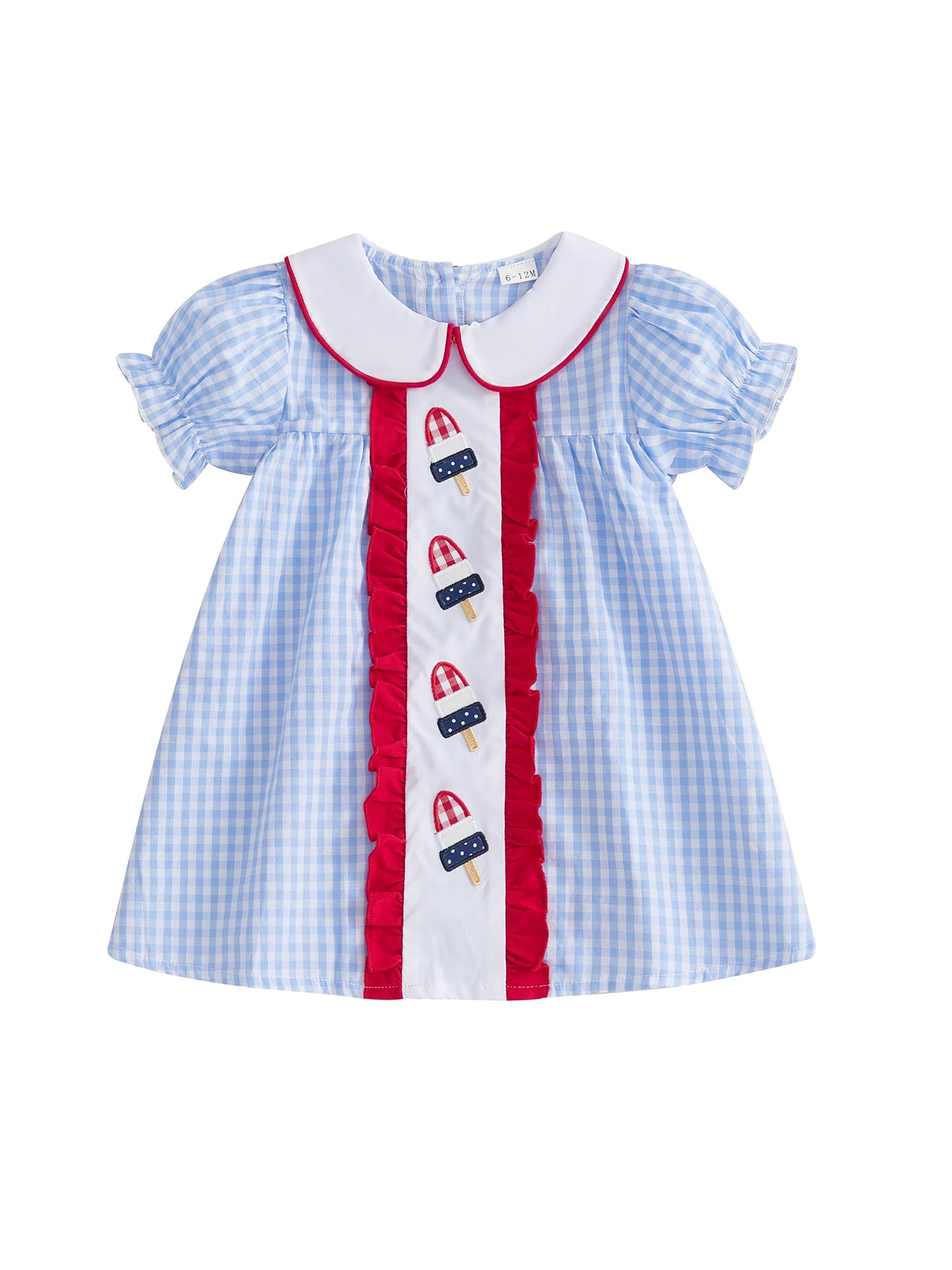Girls Patriotic Plaid Print Sleeveless Dress with Star Embroidery and Bow Detail Festive Summer Outfit for Independence Day