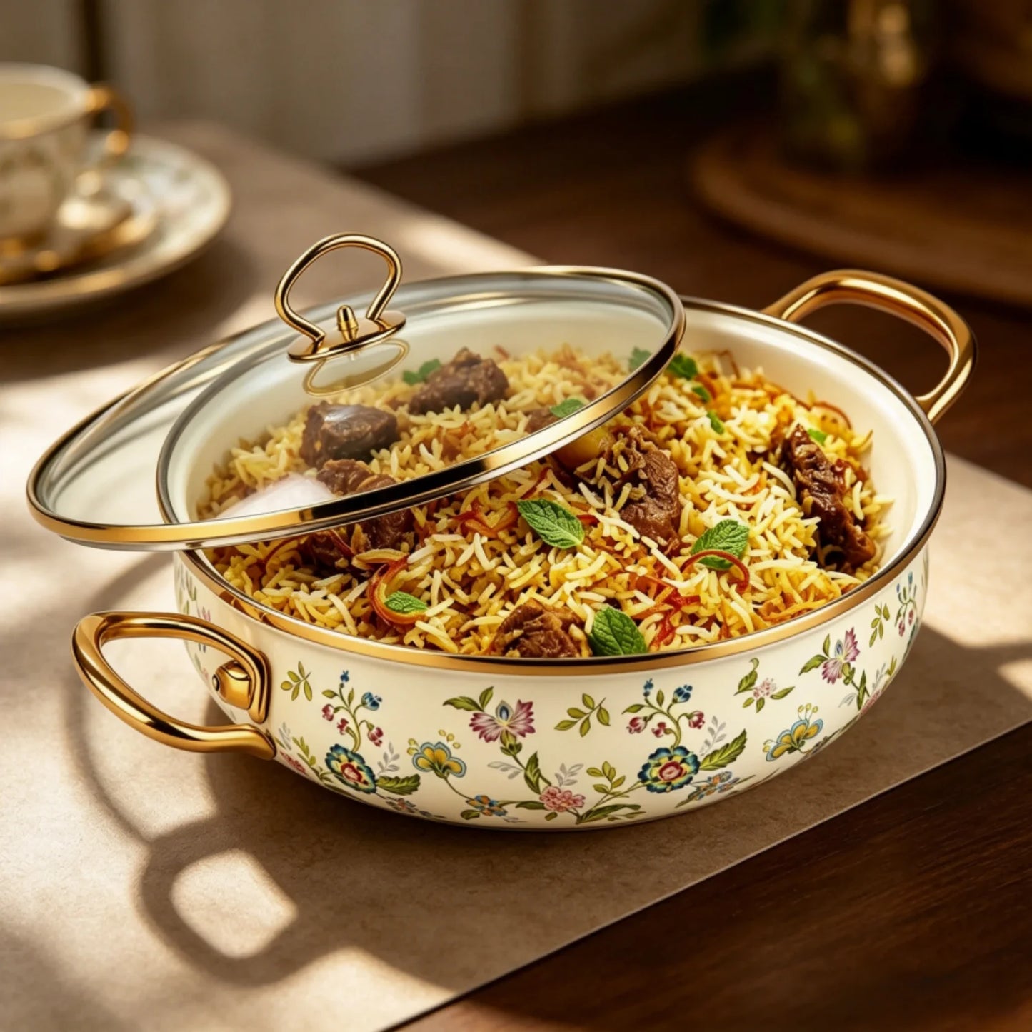 5.5Qt Enamel Stock Pot with Glass Lid – Vintage Bird & Botanical Print Nonstick Soup Pot, Dual Handles, Oven Safe, Fast Heating for All Stovetops, Gift for Wedding/Christmas, 9 Inch