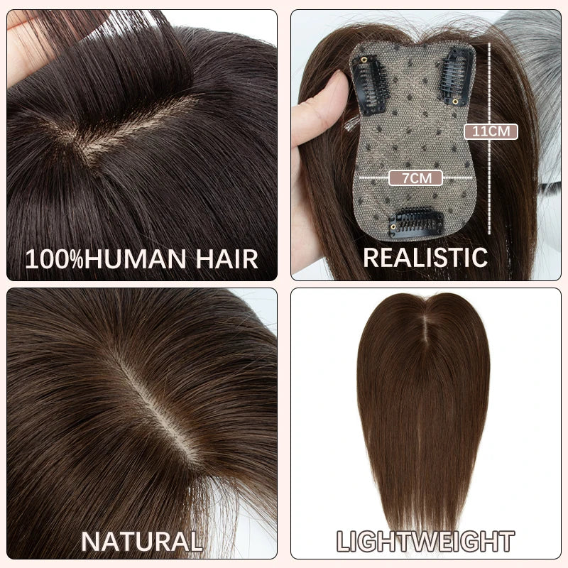 100% Human Hair Toppers with Clips Machine Remy Natural Topper Hair High Quality One Piece Toppers for Women Daily Thin Hair
