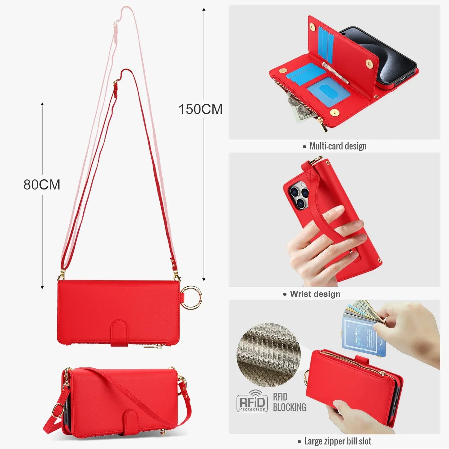 Card Slots Zipper Leather Wallet Case Flip Phone Case for IPhone 17 Air 16 15 14 13 12 11 Pro Max Plus Promax Ring Lanyard Purse