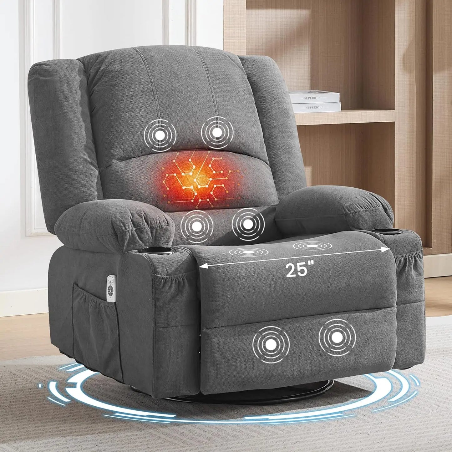Oversized 360° Swivel Rocking Recliner Chair with Massage & Heat, Big Seat for Adults Living Room, Custom
