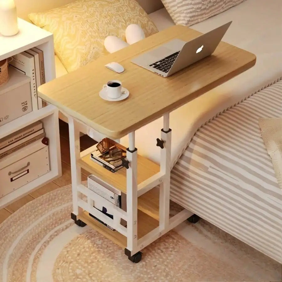 Doublelayer Metal Foldable Desk With Wheels Storage Rack Adjustable Height And Spacious Tabletop Versatile For Studying Working And Relaxing Perfect For Bedrooms Living Rooms & Offices, Bedside Table.