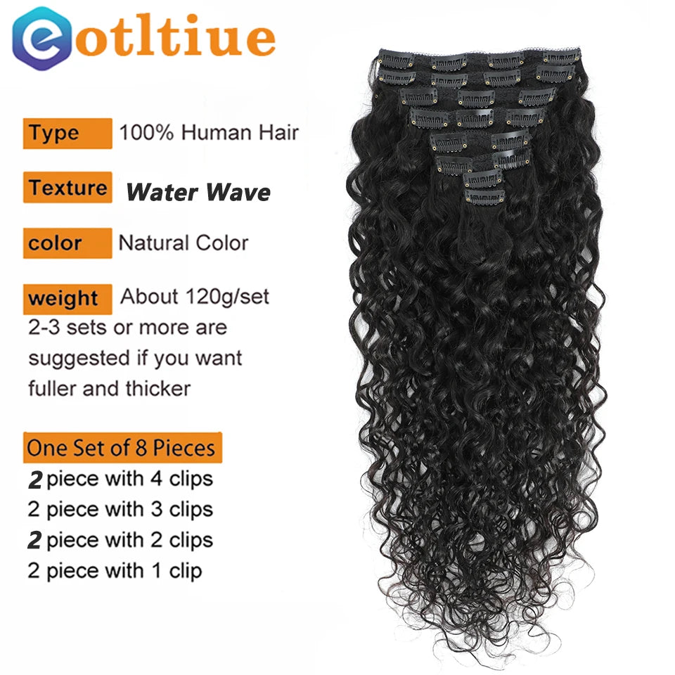 Indian Real Human Hair Water Wave Clip-in Extensions Deep Curly Brazilian Virgin Remy 8Pcs 120g Loose Deep Wave for Women Thick