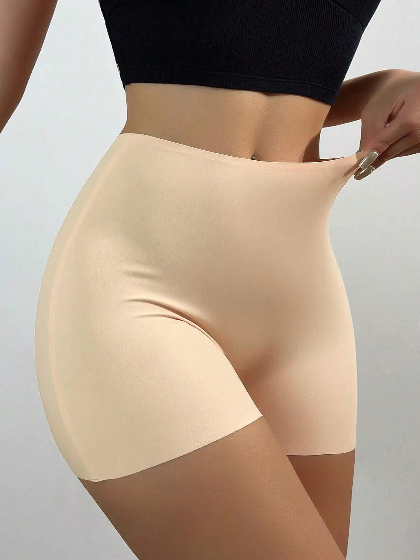 Women's Ice Silk Pants, Mid-Waist Seamless Elastic Shorts, Anti-Lighting, Anti-Roll Edge