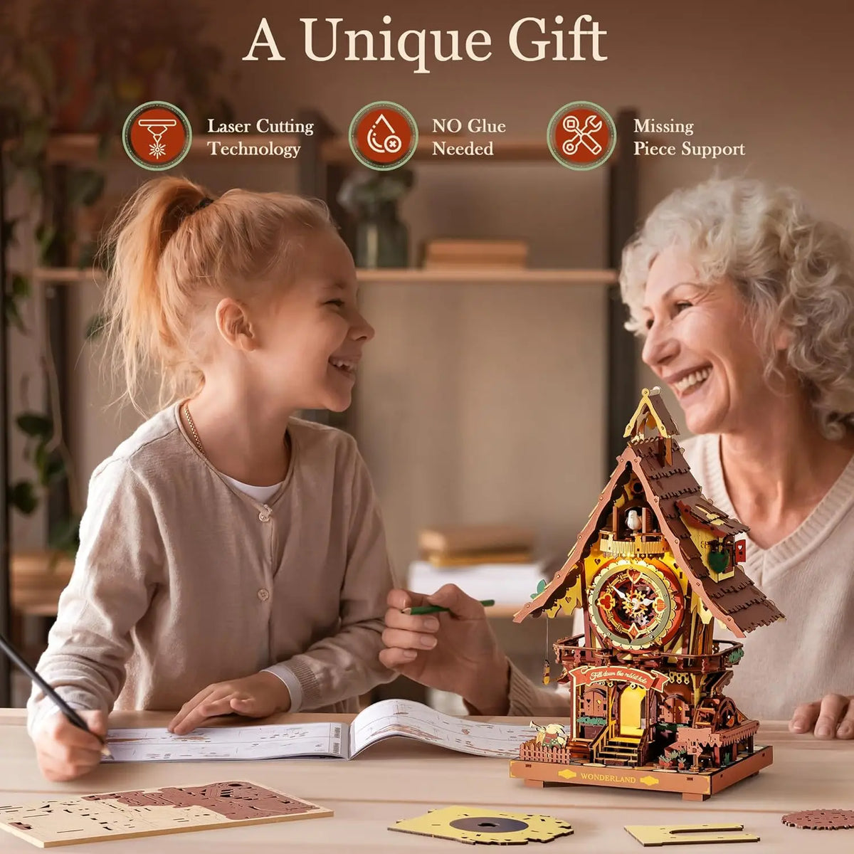 Robotime Rokr 3D Wooden Puzzle Cuckoo Clock Kit Black Forest Style with Working Bird  DIY Clock Model Kit for Kids Adults Model