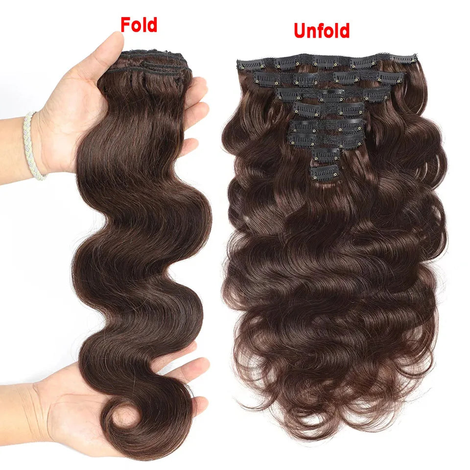 8Pcs #2 Dark Brown Body Wave Hair Clip In Hair Extensions Human Hair 100% Unprocessed Brazilian Remy Virgin Human Hair For Women