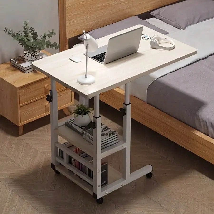 Doublelayer Metal Foldable Desk With Wheels Storage Rack Adjustable Height And Spacious Tabletop Versatile For Studying Working And Relaxing Perfect For Bedrooms Living Rooms & Offices, Bedside Table.