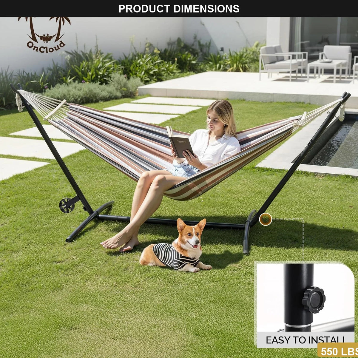 Double Hammock with Spreader Bar and Steel Stand, 2 Person Portable Brazilian Hammock Set for Outdoor Patio Backyard Camping, 55