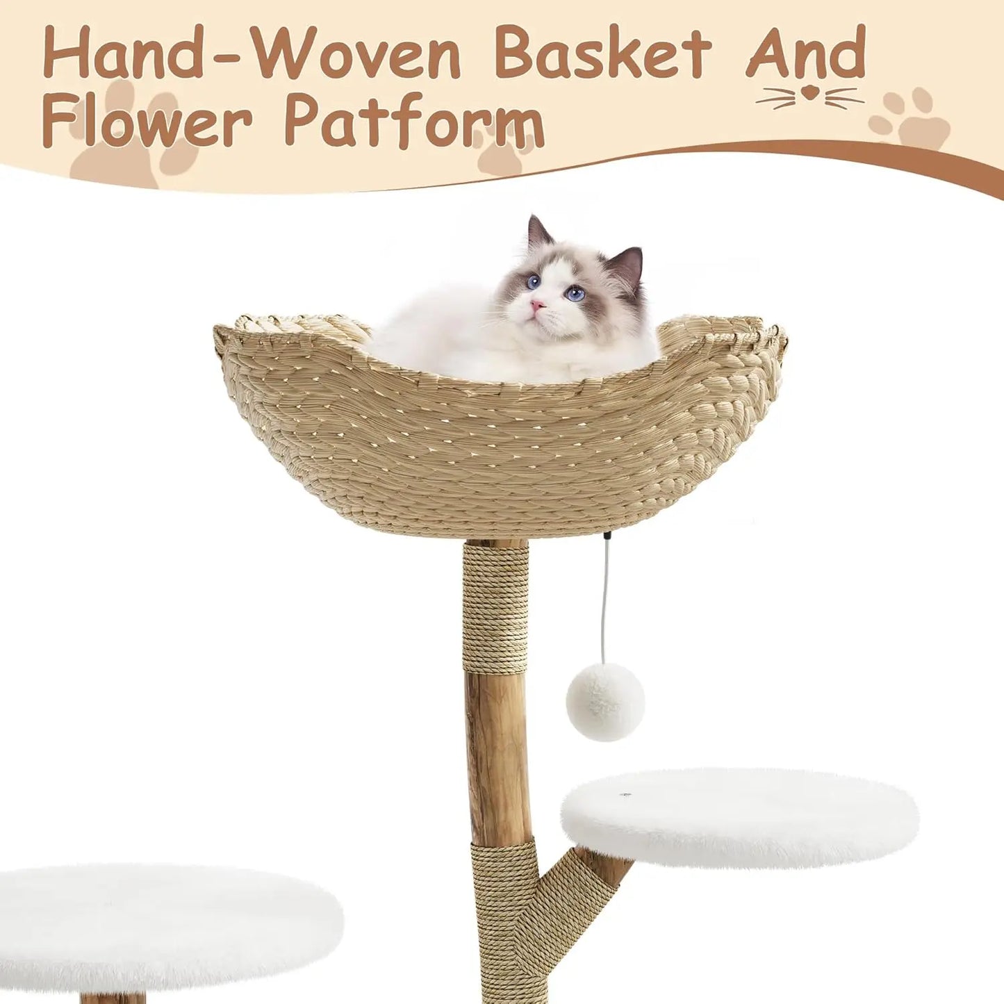 Multi-Level Cat Tree Tower with Bed, Wicker Basket & Condo, Wood Cat Scratching Post Furniture, Natural Pet Climbing Tree Stand