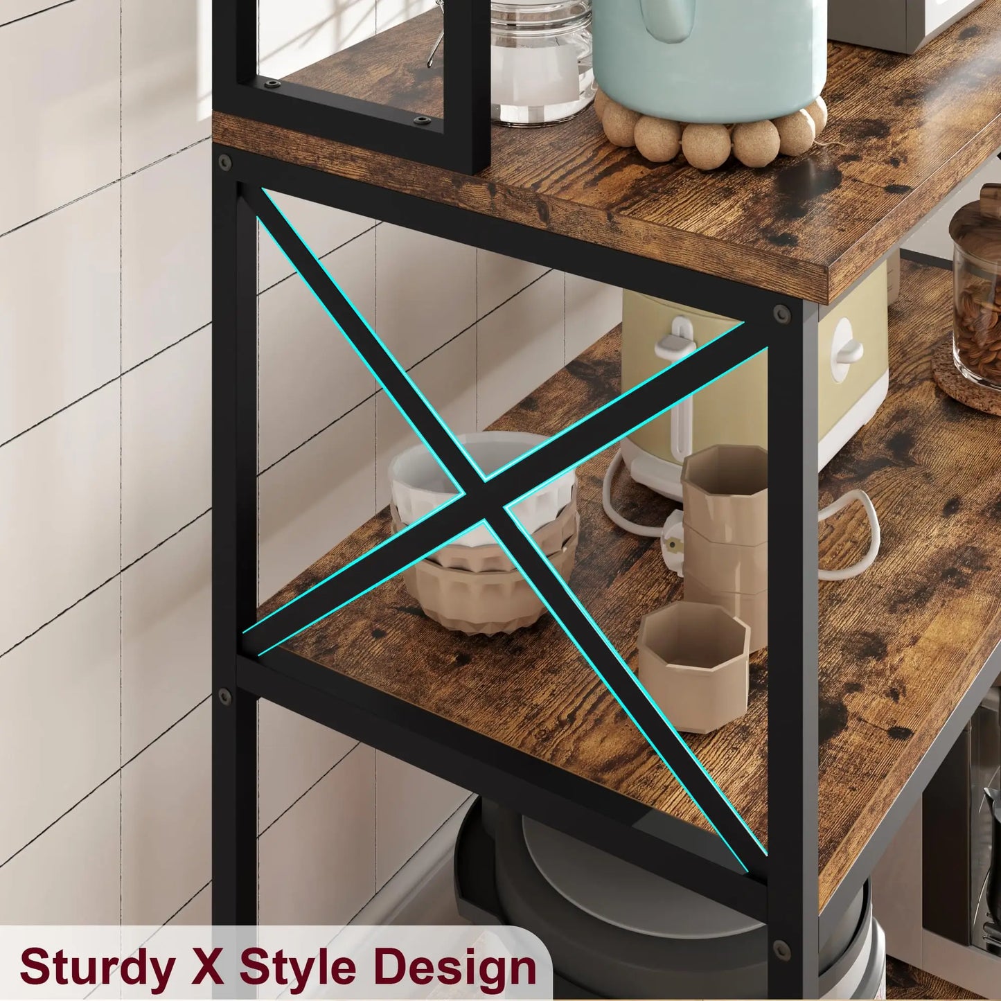 Kitchen shelf - Standing shelf for kitchen - Microwave shelf with 5 tiers and 6 hooks - Black kitchen shelf with mesh plate