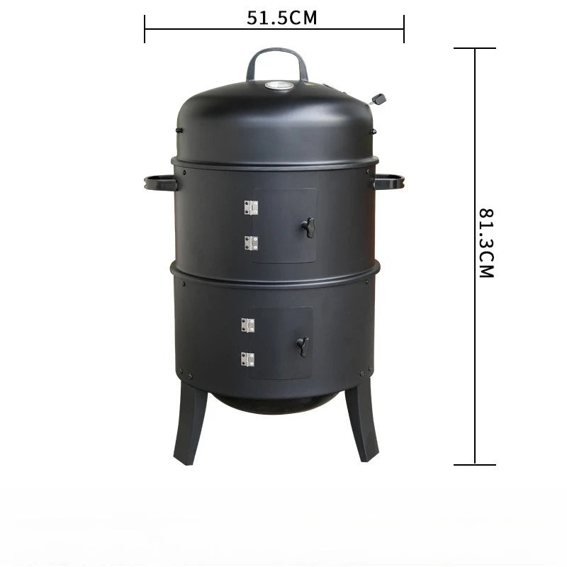 3-in-1 BBQ Smoker Grill with Chimney Multi-function Detachable Outdoor Cooking Oven with Thermometer Camping Outdoor Party Grill