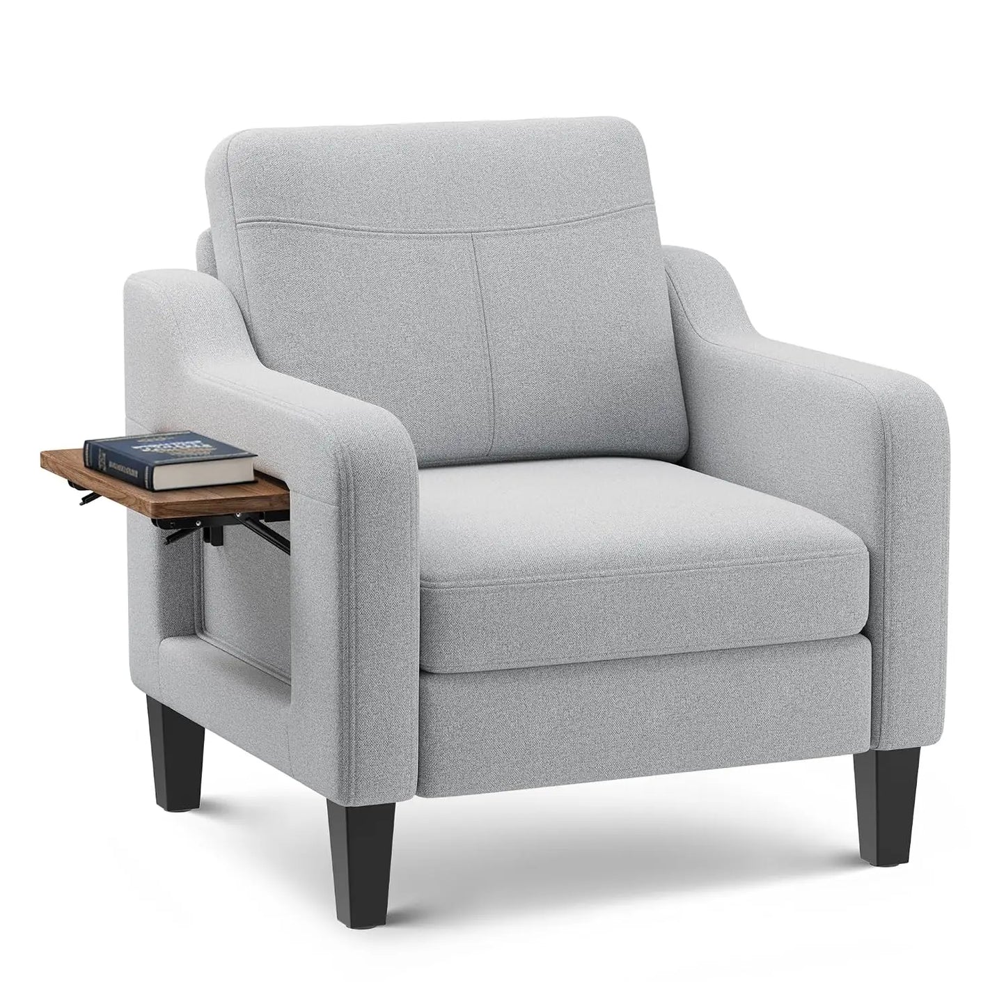 Modern Linen Upholstered Wooden Accent Armchair Foldable Side Table For Living Room, Customized