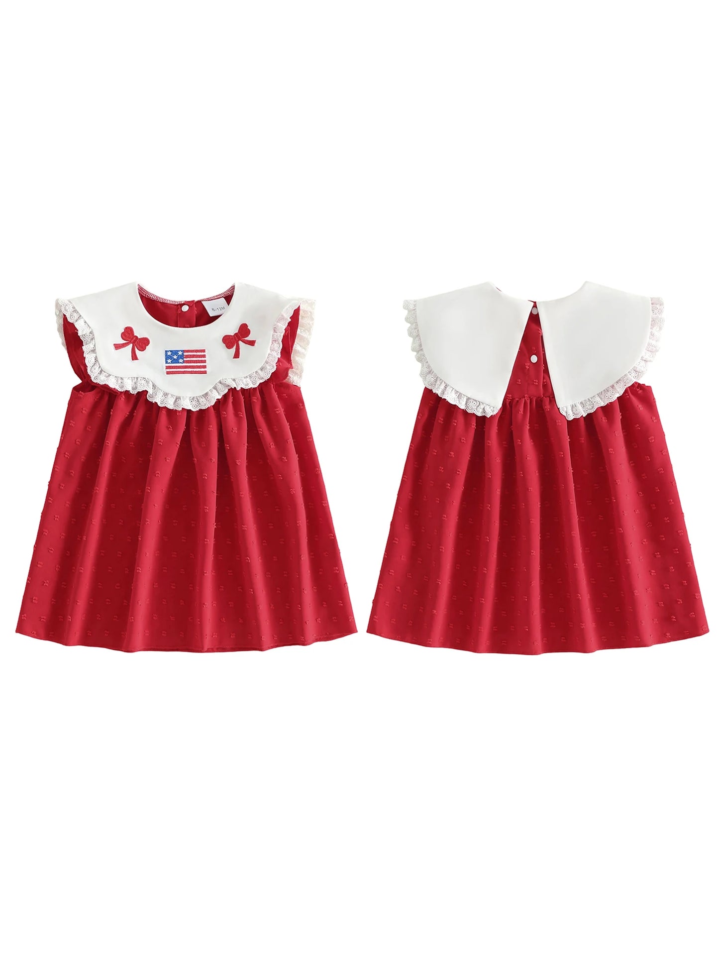 Toddler Girl s Patriotic Dress with Flutter Sleeves Crew Neck American Flag Bow Embroidery and A-Line Silhouette Perfect for