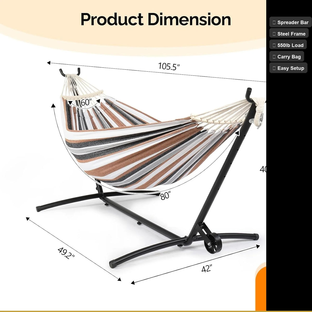 Double Hammock with Spreader Bar and Steel Stand, 2 Person Portable Brazilian Hammock Set for Outdoor Patio Backyard Camping, 55